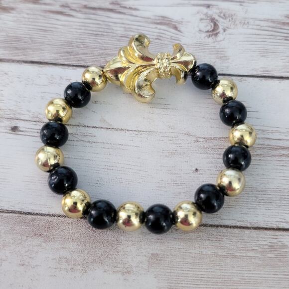 Vintage Stretch Bracelet Black & Gold Tone - Fair Condition - Picture 2 of 6